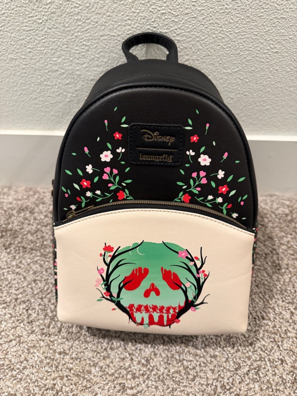 Loungefly Black, Cream, Green & Red Floral Skull Mini Backpack